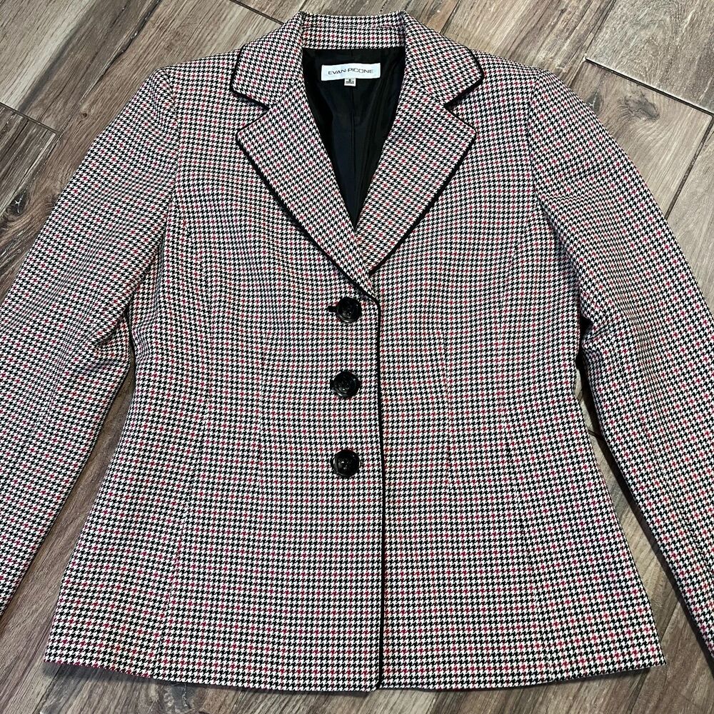 Evan-Picone Womens Blazer Red & Black Houndstooth Lined Size 6 EUC